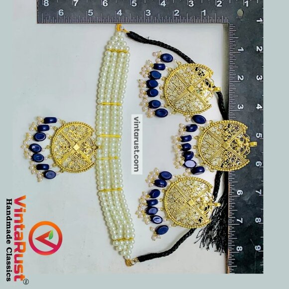 Pearls Jewelry Set, White Pearls Handmade Beaded Jewelry Set, Ethnic Choker - Picture 3 of 4